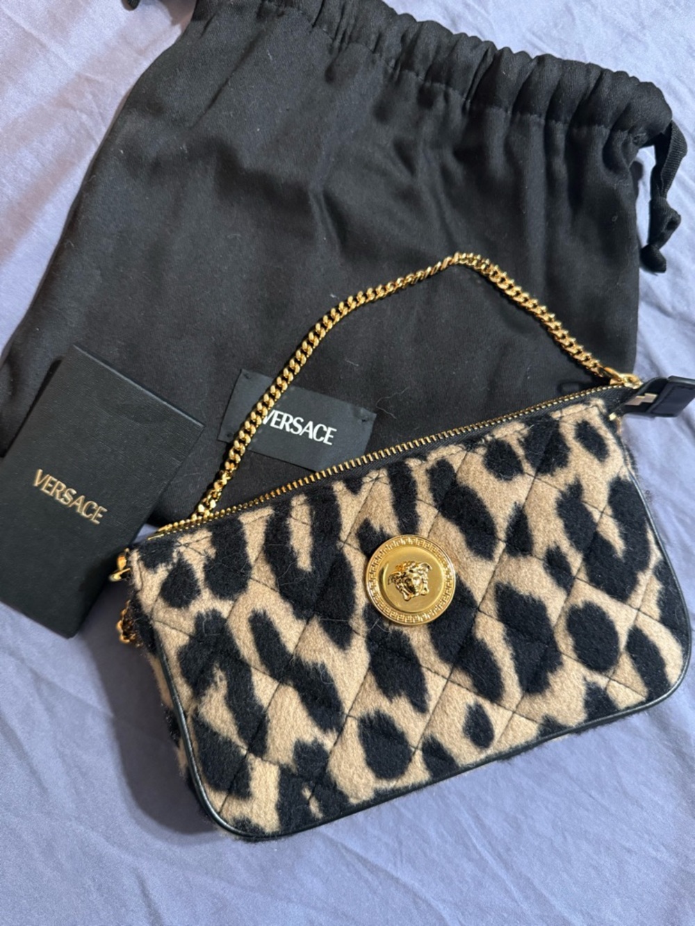 Versace Black and Beige Leopard Quilted mini hand bag with Gold Medusa Accent
